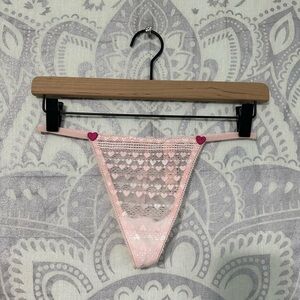 Nwt $14 Victorias Secret Thong V String Lace Pink White Heart Valentines Day M